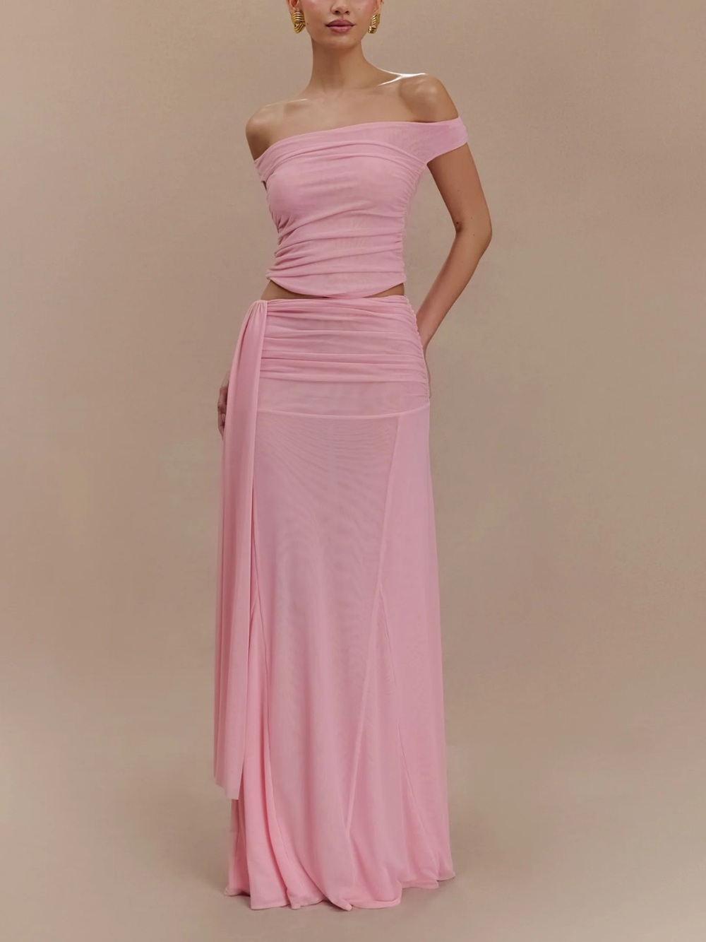 Meshki Pink Off-Shoulder top with Maxi Skirt with Draped Waist